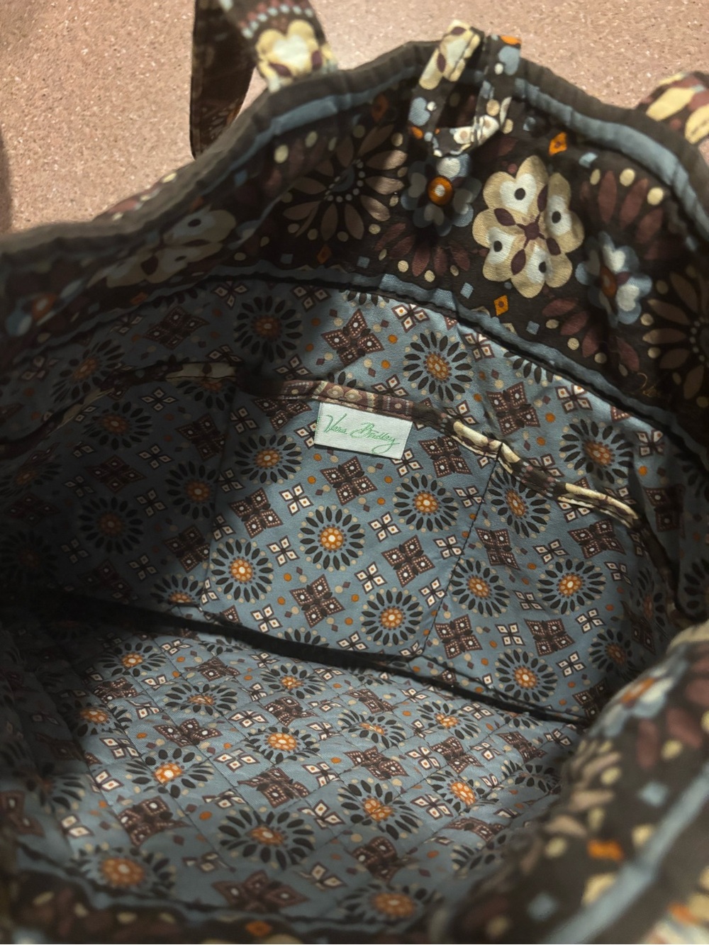 Vera Bradley Floral Pattern Brown Canvas Tote with Cream and Orange Accents - Picture 5 of 6